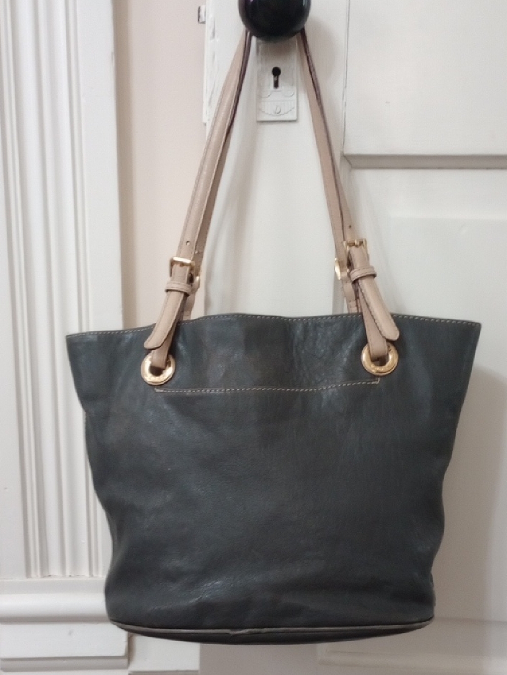 MICHAEL KORS Chic Charcoal Gray Leather Tote with Tan Shoulder Straps